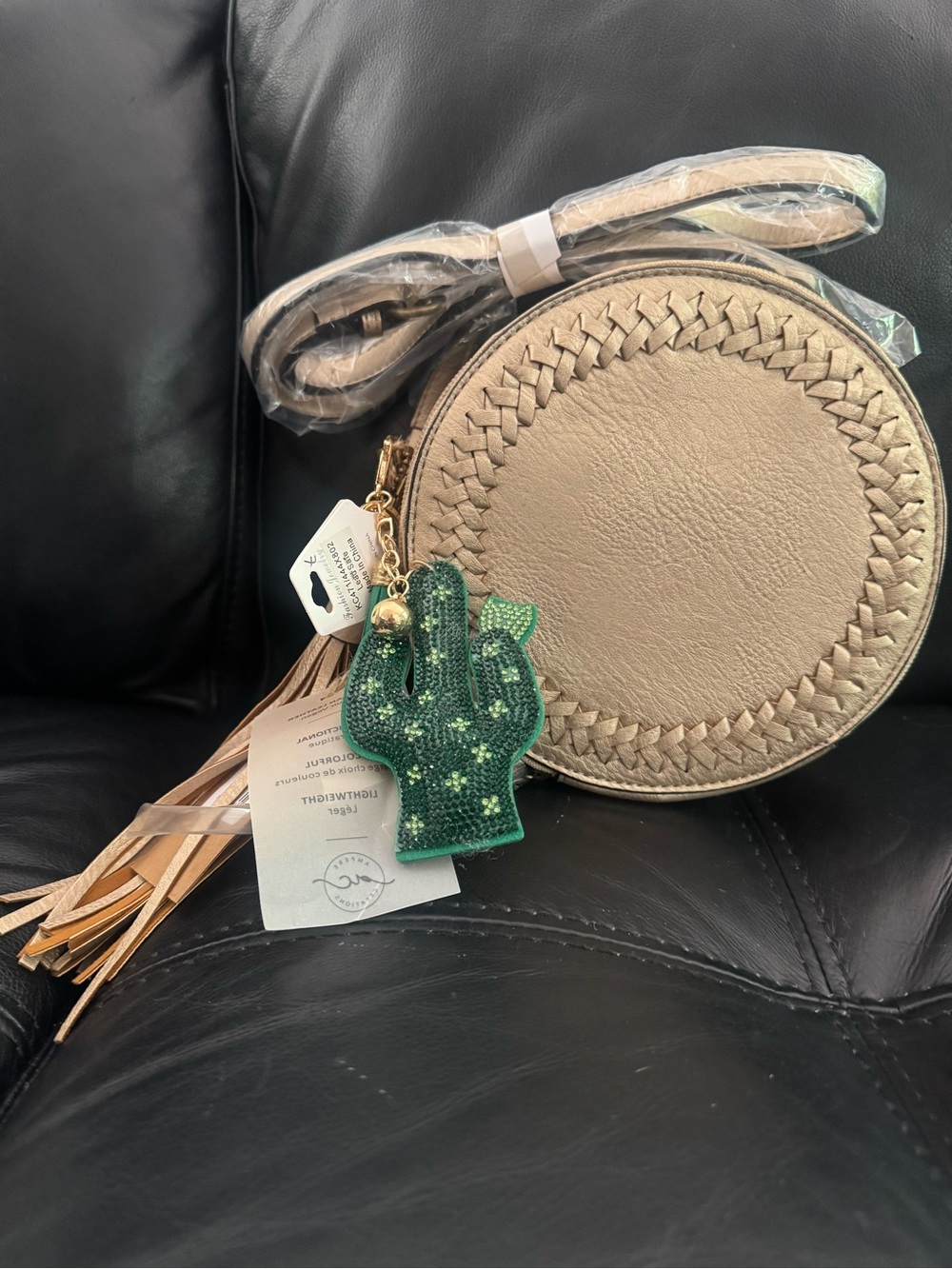 Copper Colored Canteen Style Crossbody Bag with Tassel & puffy cactus bag charm